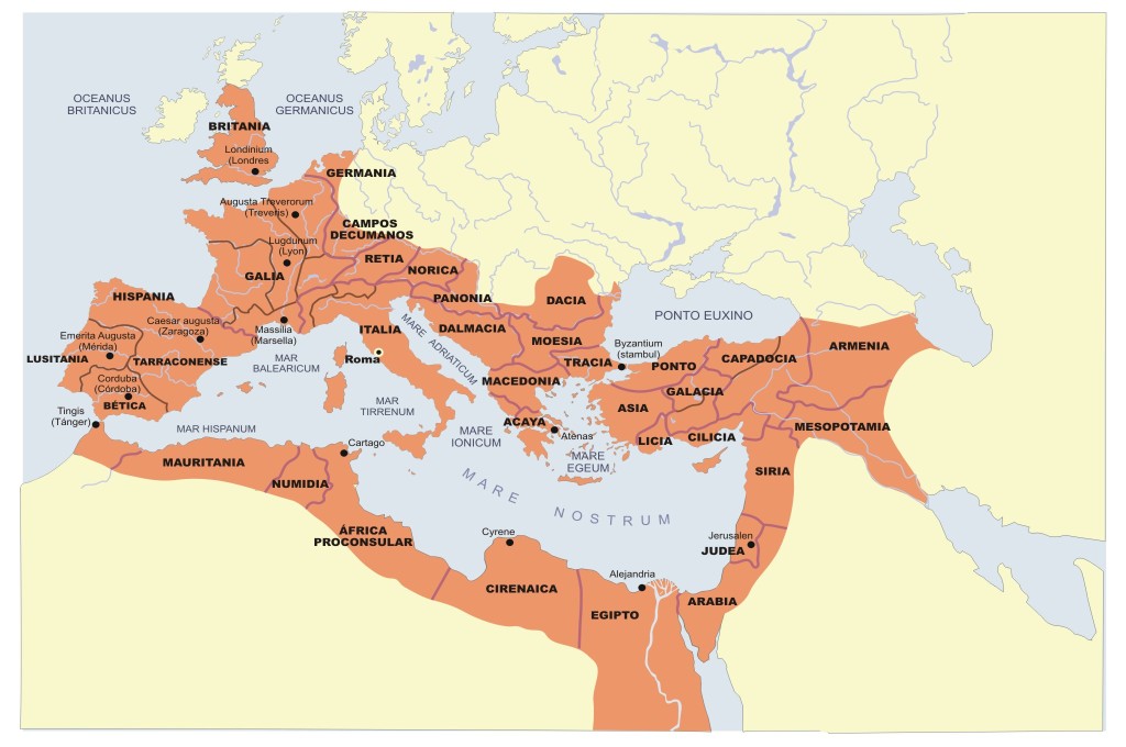 Mapa en el que vemos coloreado el territorio que ocupó la civilización romana durante la República.